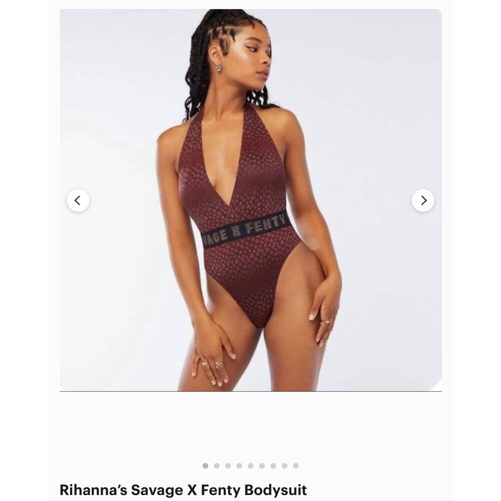 Savage X Fenty Logo Halter Plunge Bodysuit Burgandy Size L